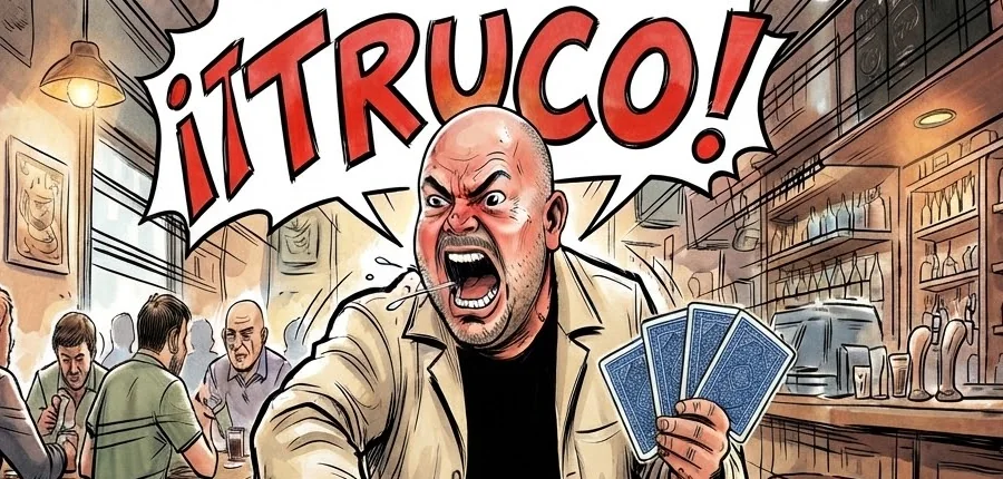 Ilustración de un jugador gritando ¡Truco! en un bar